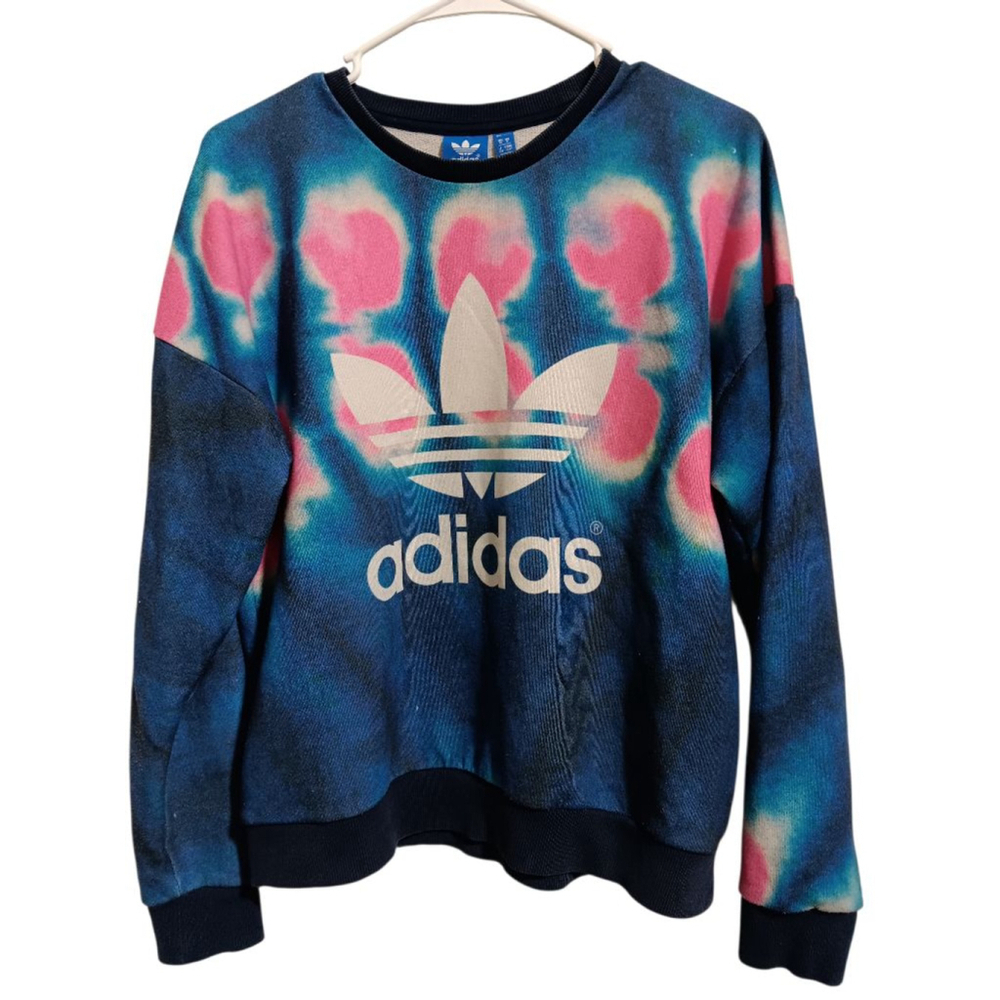 Adidas Blue Pink Tie-Dye Trefoil Logo Crew Neck Sweatshirt - Picture 6 of 8